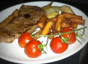 Steak, Chips, King Oyster Mushroom, Tomatoes and Black Garlic